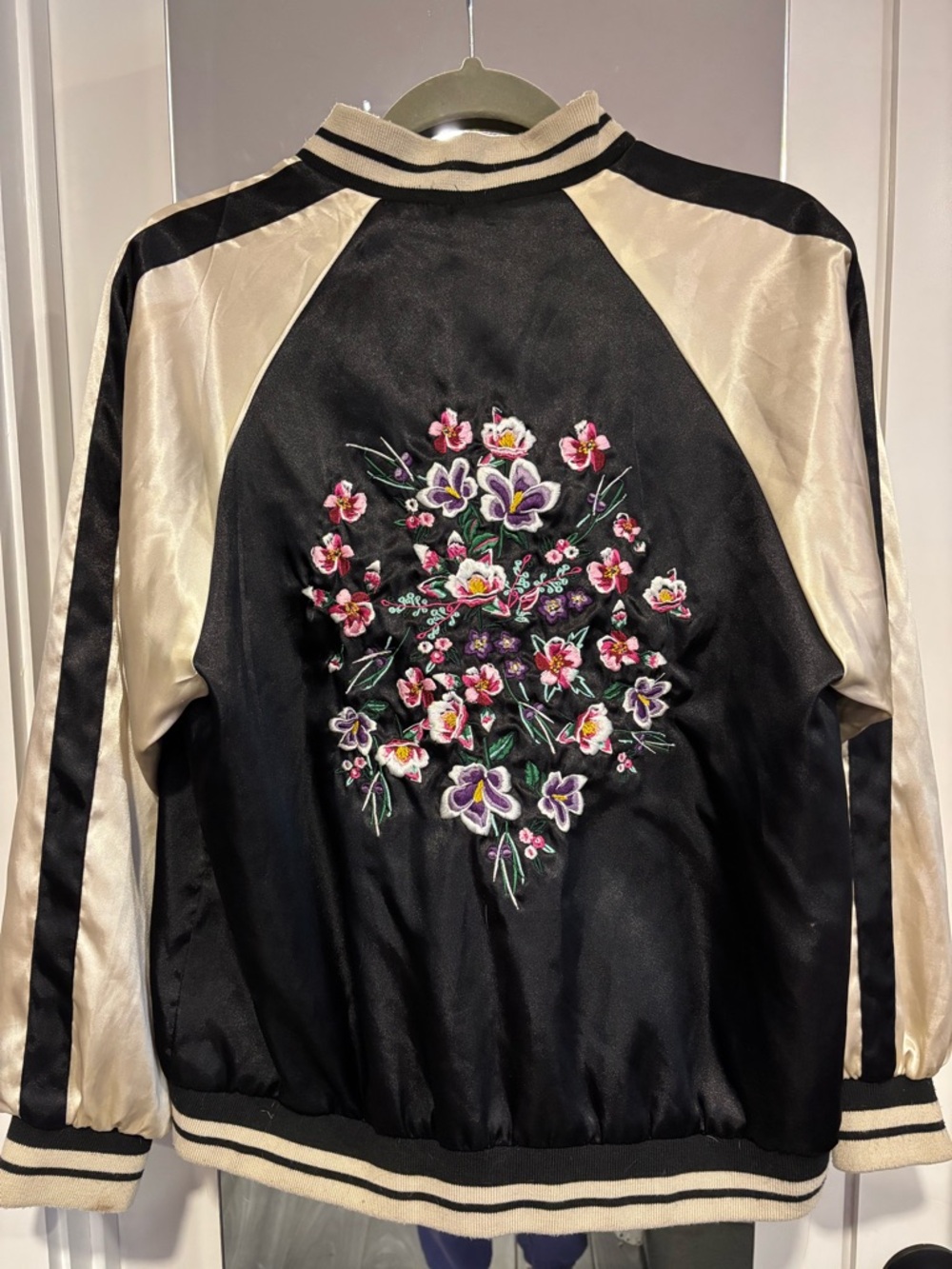 Saks Fifth Avenue Black & Cream Embroidered Satin Bomber Jacket